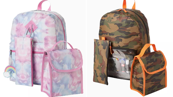 Adventure Trails Girls Tie Dye 5 in 1 Backpack Set and Boys Camo Backpack Super Set