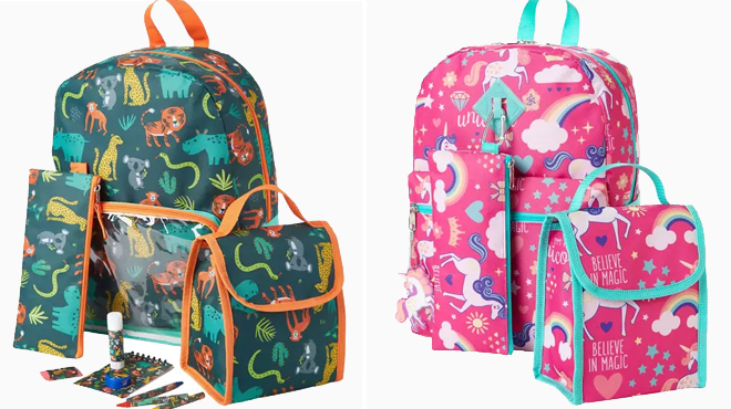 Adventure Trails Kids Jungle Backpack Super Set and Pink Unicorn 5 in 1 Backpack Set