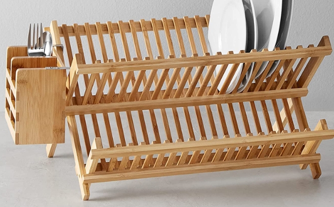 Amazon Basics Folding 2 Tier Bamboo Dish Drying Rack with a Few Places and Cutlery Drying