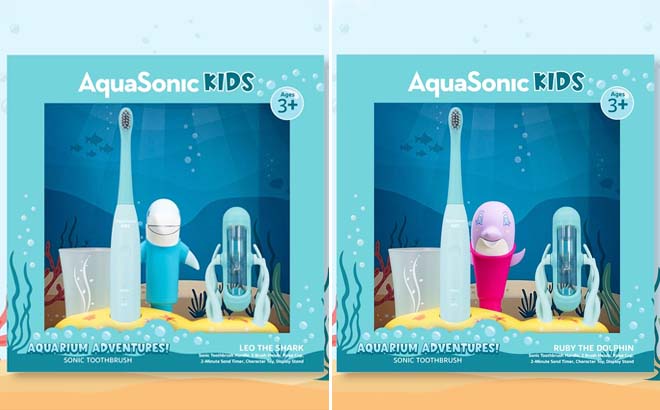 AquaSonic Kids Electric Toothbrush Blue Shark Blue Purple Dolphin