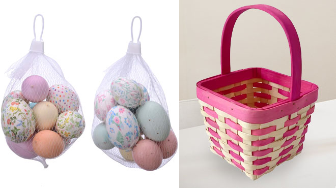 Ashland Assorted Floral Print Decorative Eggs and Mini Pink Chipwood Basket