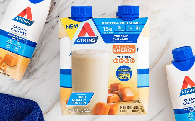 Atkins Creamy Caramel Energy Shakes 4 Count on a Kitchen Countertop