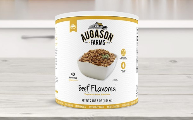Augason Farms 2 Pound Vegetarian Meat Substitute Can on the table