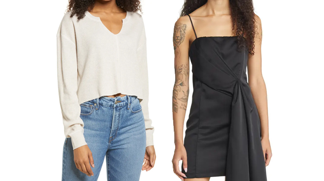BP Split Neck Thermal Crop Top on the left and Lulu Pleated Princess Seam Satin Minidress on the right