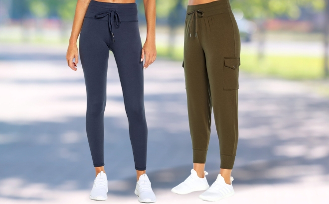 Balance Collection Jogger Leggings in Navy Blue on the Left and Cargo Green on the Right