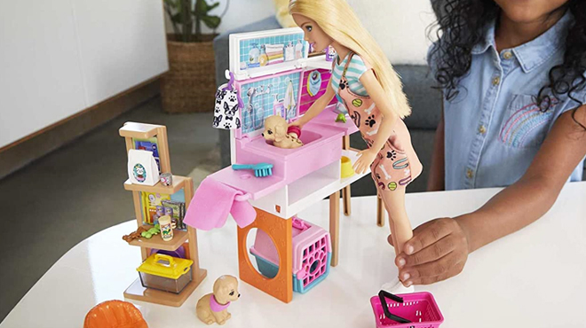 Barbie Doll and Pet Boutique Playset on a Table