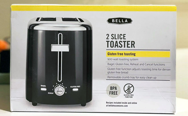 Bella 2 Slice Extra Wide Slot Toaster Box on a White Table