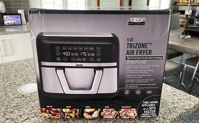 Bella Pro 9 Quart Dual Basket Air Fryer on a Table Bella Pro 9 Quart Dual Basket Air Fryer on a Table