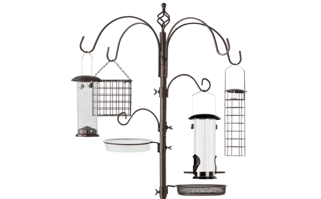 Bird Feeding Station Stand with Four Feeders in Bronze on a White Background