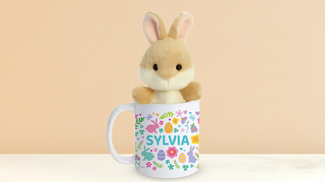 Blue Floral Easter Personalized Name Mug and Bunny Plush Toy