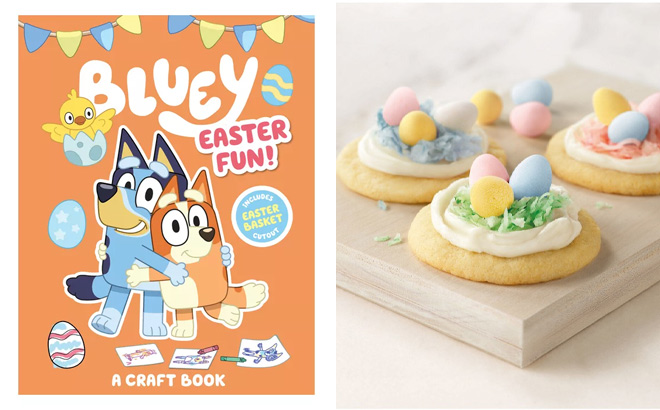 Bluey Easter Fun A Craft Book on Left and Cadbury Mini Eggs Milk Chocolate Easter Candy on Right