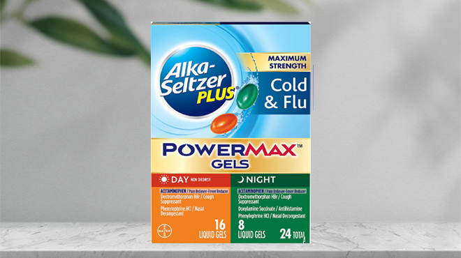Box of Alka Seltzer Cold Flu Medicine 24 Count on a Table