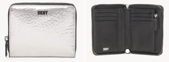 Boxed Small Zip Around Wallet Front View on the Left, and same Wallet that is Opened on the Right