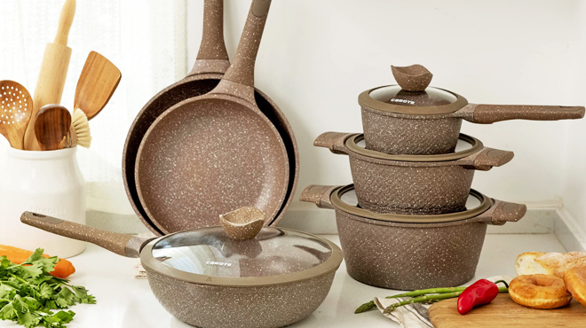Carote Granite Nonstick Cookware Sets, 10 Pcs Pots and Pans Set