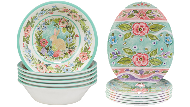 Certified International Joy of Easter All Purpose Bowls on the left and Certified International Joy of Easter Egg Plates on the right