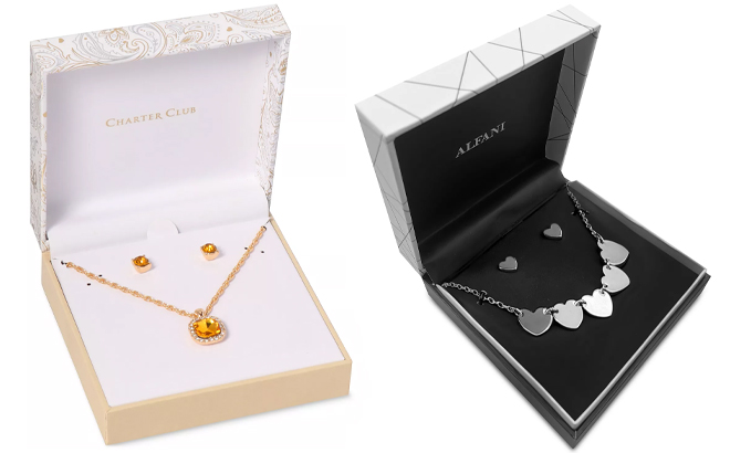Charter Club Crystal Necklace Stud Earrings Set and Alfani Silver Tone Heart Statement Necklace