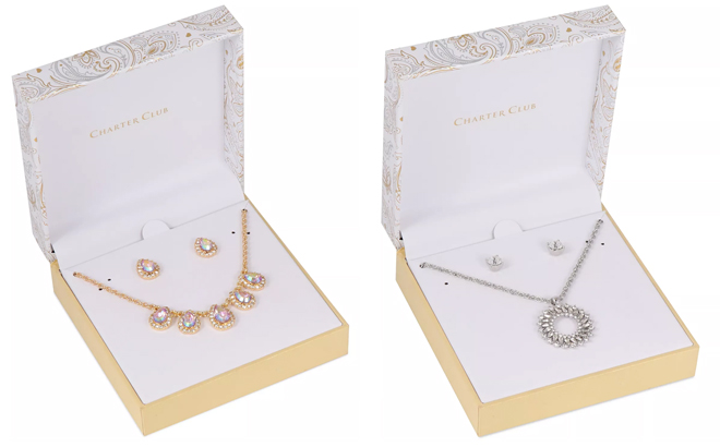 Charter Club Gold and Silver Toned Necklace Stud Earrings Sets