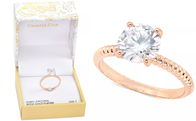 Charter Club Rose Gold Tone Crystal Textured Ring