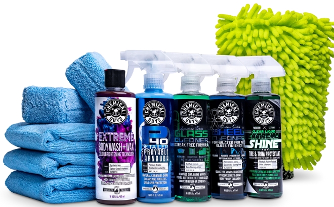 Chemical Guys Complete Wash Shine Protect Car Care 11 Piece Kit on a White Background Chemical Guys Complete Wash Shine Protect Car Care 11 Piece Kit on a White Background
