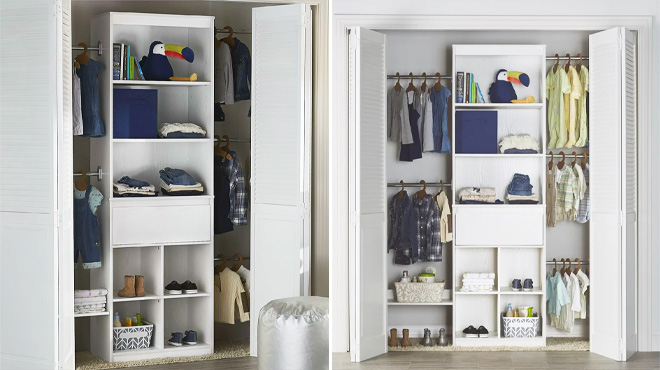 Closet System Reach In Sets with Clothes Folded and Hanged, with some other Accessories