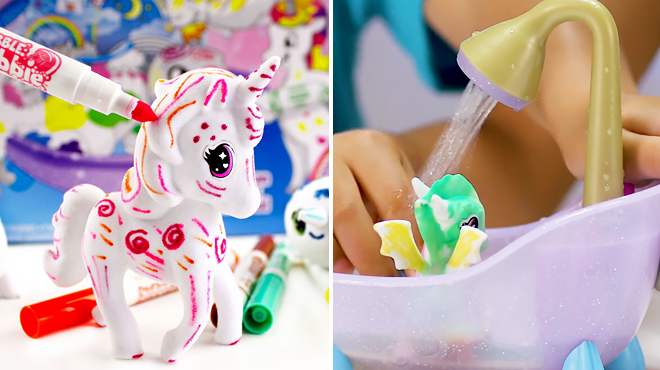 Coloring a Crayola Scribble Scrubbie Peculiar Pet Unicorn on the Left and Washing a Scribble Scrubbie Pet on the Right
