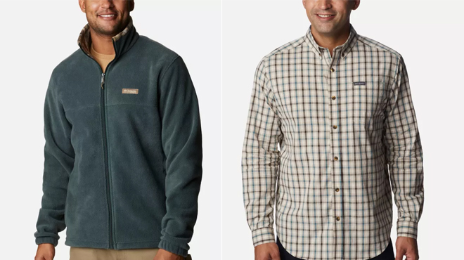 Columbia Mens PHG Fleece Jacket on the left and Columbia Mens Long Sleeve Shirt Jacket on the right
