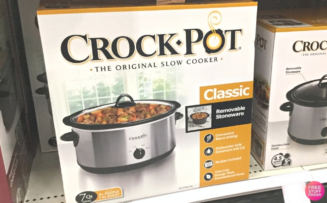 Crock Pot 7 Quart Oval Manual Slow Cooker in a Box on a Store Shelf
