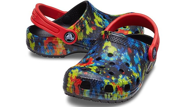 Crocs Classic Tie Dye Clogs in Splatter Dye and Red Colors