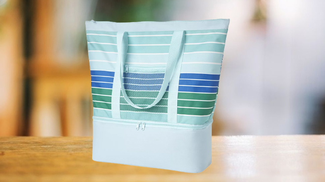 Crown Ivy Large Zippered Cooler Spring Tote in Cool Stripes Design on a Kitchen Table