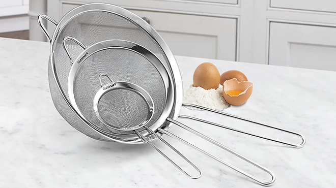 Cuisinart Set of 3 Mesh Strainers and Cracked Eggs on the Side