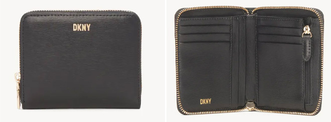 DKNY Small Zip Wallet Front View on the Left, and same Wallet that is Opened on the Right 