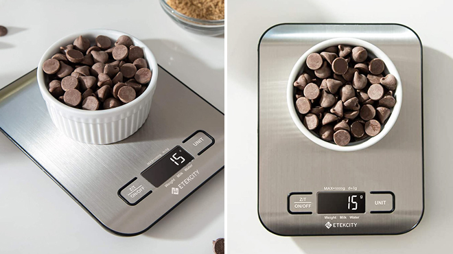 Digital Food Kitchen Scale with a Cup of Chocolate Bits on the Left and Top View of the Same Item on the Right