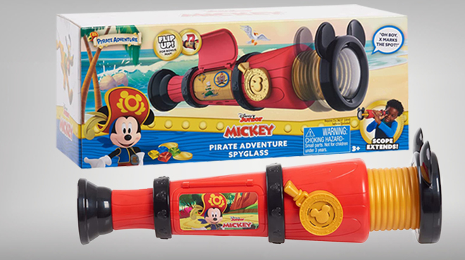 Disney Junior Mickey Mouse Adventure Spyglass Box and Actual Toy on a Gray Background