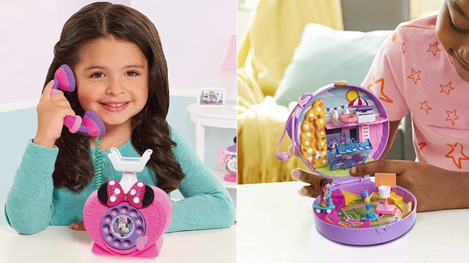 Disney Junior Minnie Mouse Ring Me Rotary Phone on the Left Polly Pocket Doll and Accessories Compact on the Right
