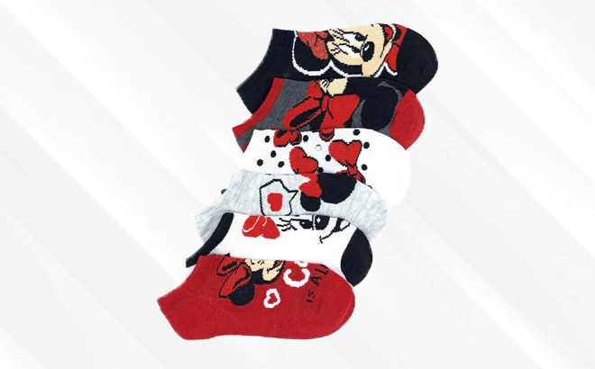 Disney Minnie Mouse 6 Pack Socks on a White and Gray Background