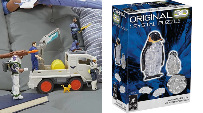 Disney Pixar Lightyear Utility Vehicle Toy on the Right Penguin and Baby Crystal Puzzle on the Left