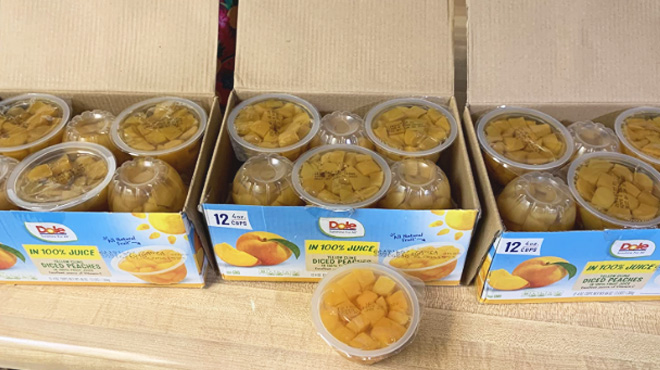 Opened Box of Dole Fruit Bowls Diced Peaches 12 Pack