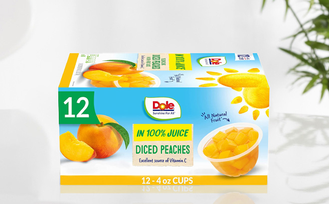 Dole Fruit Bowls Diced Peaches 12 Pack on a Table