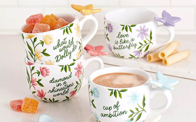 Dolly Parton Floral Butterfly Cappuccino Mugs 4 Piece Set