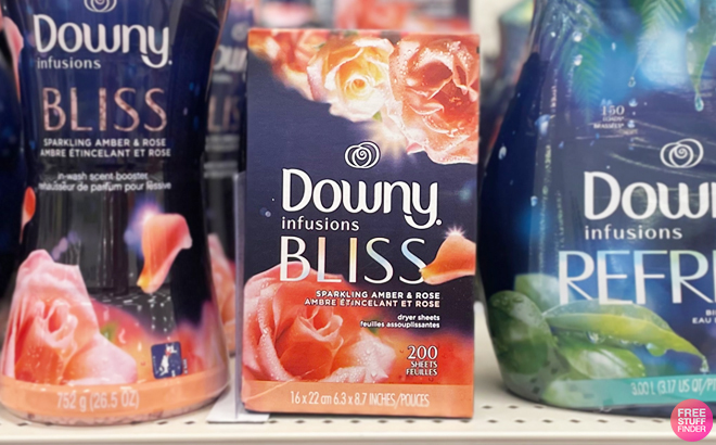Downy Infusions Bliss Dryer Sheets 200 Count on a Shelf