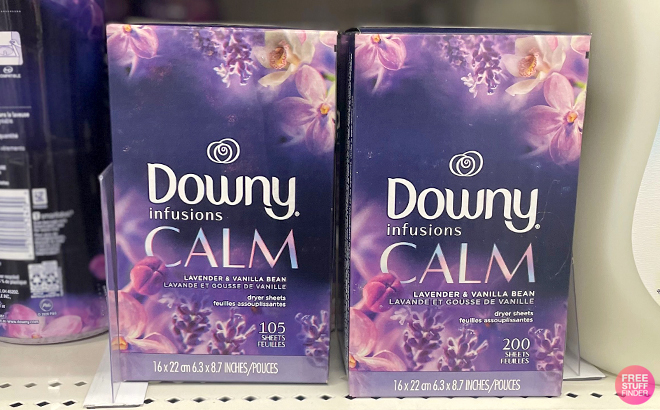 Downy Infusions Calm Dryer Sheets 105 Count on the Left and 200 Count on the Right