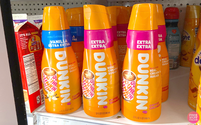 Dunkin Donuts Vanilla Extra Extra Coffee Creamers on a Refrigerator Shelf