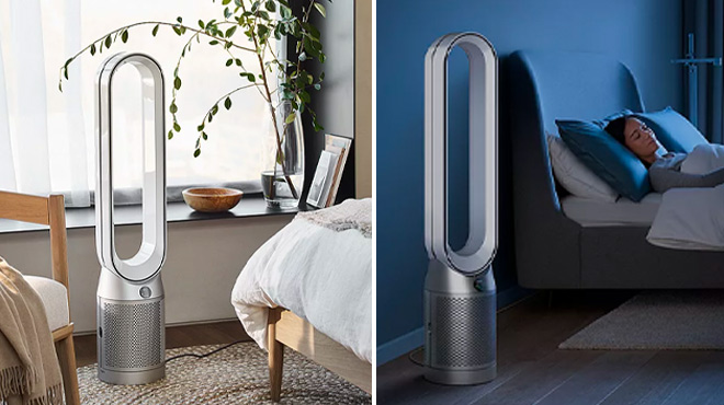 Dyson White Silver Air Purifier Fan in the Room Day and Night