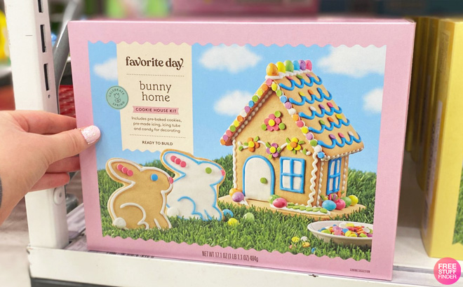 Woman Holding an Easter Bunny House Cookie Kit on a Shelf at Target