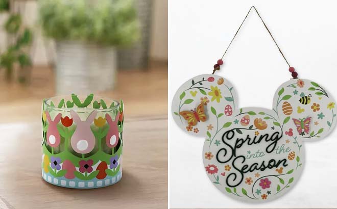 Easter Rabbit Metal Candle Holder and Mickey Mouse Spring Into The Season Wall Decor