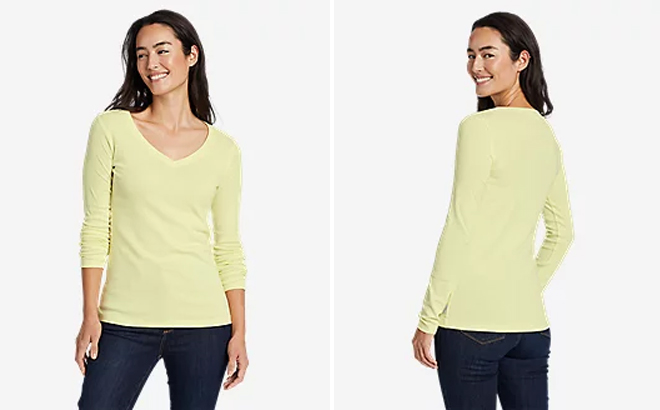 Eddie Bauer Womens Favorite Long Sleeve V Neck T Shirt on a Gray Background