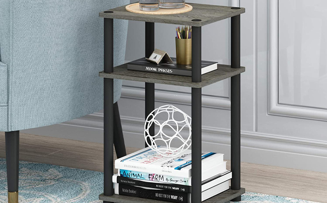 Furinno Just 3 Tier Turn N Tube End Table in French Oak Grey Black