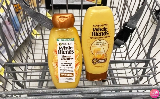 Garnier Whole Blends Hair Shampoo and Conditioner on a Cart