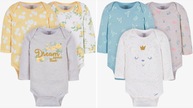 Gerber 3 Pack Baby Girls Bear Fairy Long Sleeve Onesies Bodysuits in Two Different Styles