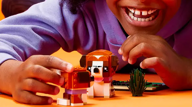 Girl Playing with LEGO Pets St Bernard